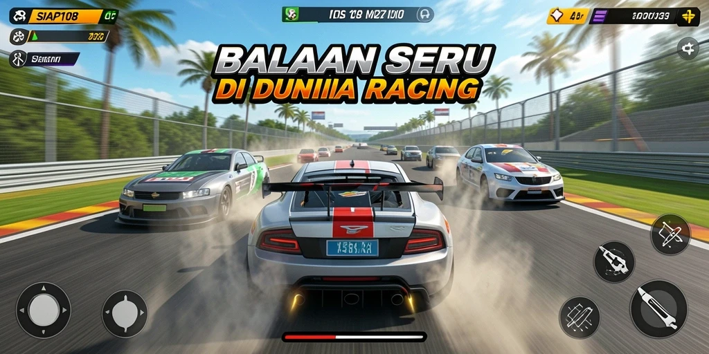 Screenshot gameplay SIAP108 menampilkan mobil balap di lintasan menegangkan.